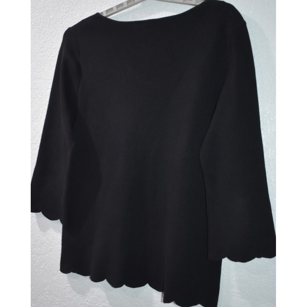 Talbots X Sweater Scallop Trim Solid Stretch VNeck Ribbed Elegant Black Pullover - Picture 6 of 16